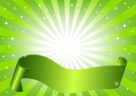 Abstract green frame with rays, stars and wave ribbon (vector)のイラスト素材