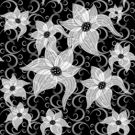 Black and white seamless floral pattern with flowers and curlsのイラスト素材