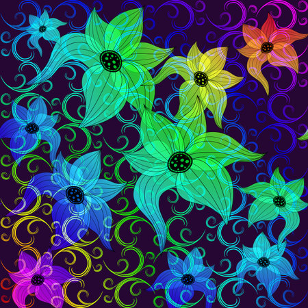 Rainbow transparent flowers on dark violet background with colorful curls (vector EPS 10)のイラスト素材