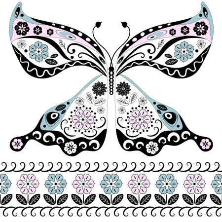 Vintage decorative butterfly isolated on white and floral seamless border (vector)のイラスト素材