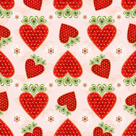 Pink seamless valentine pattern with decorative strawberry and flowers のイラスト素材