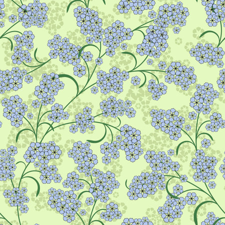 Repeating gentle green floral pattern with blue flowers のイラスト素材