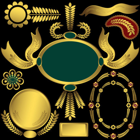 Collection golden elements and frames for design on black background (vector)のイラスト素材