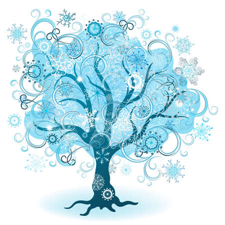 Winter tree with a variety of snowflakes and swirls. Isolated on white background. (Vector)のイラスト素材