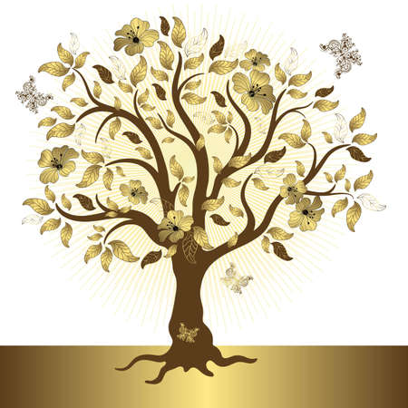 Abstract tree with gold leaves and flowers and butterflies (vector)のイラスト素材