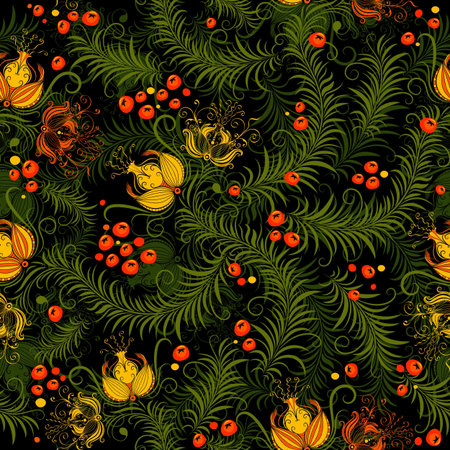 Dark floral seamless pattern with leaves, flowers and berries (vector)のイラスト素材