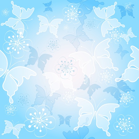 Spring gentle blue pattern with translucent butterflies and flowers のイラスト素材