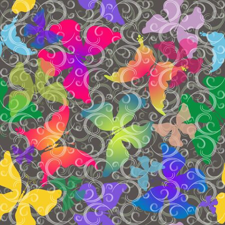 Seamless gray pattern with colorful transparent butterflies and curls  vector EPS 10 のイラスト素材
