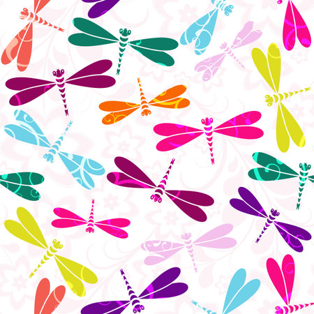 Seamless white pattern with colorful dragonflies and vintage curls (vector)のイラスト素材