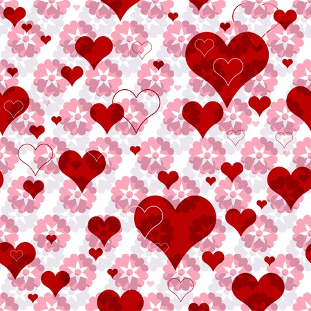 Seamless valentine pattern with pink flowers and vivid red heartsのイラスト素材