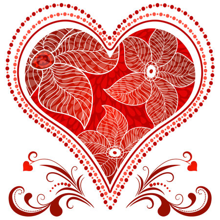 Large red romantic vintage heart on white.のイラスト素材
