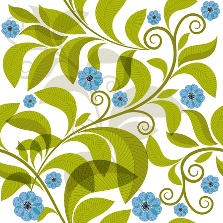 Vivid seamless pattern with green branch and blue flowers のイラスト素材
