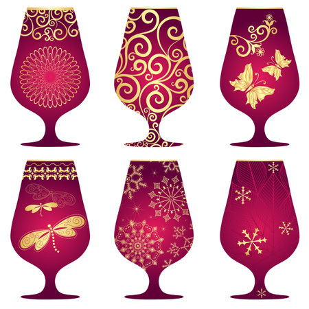 Set of purple Christmas glasses with gold decorative pattern on white (vector)のイラスト素材