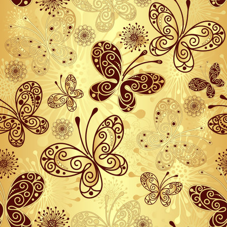 Gold and brown seamless pattern with lacy butterflies のイラスト素材