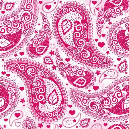 Pink-white valentine seamless pattern with stylized hand drawn birds and paisleyのイラスト素材