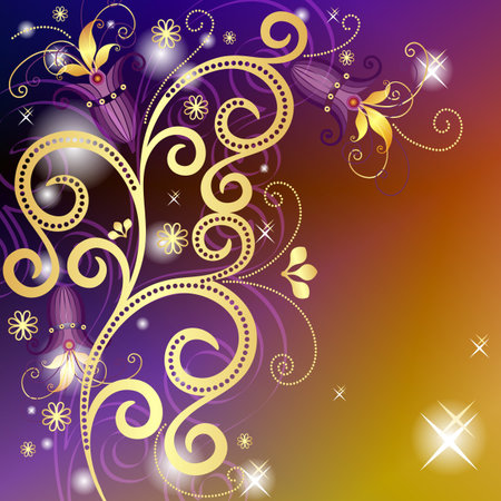 Gold-violet-orange floral vintage frame with translucent gold flowers and stars(vector EPS 10)のイラスト素材