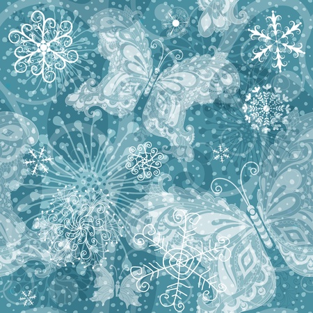 Christmas seamless pattern with translucent vintage snowflakes and  butterflies and snowのイラスト素材