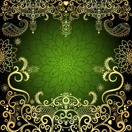 Green and gold luxurious filigree vintage floral frameのイラスト素材