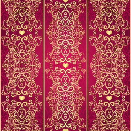 Seamless gold and red valentine lacy vintage pattern with hearts (vector)のイラスト素材
