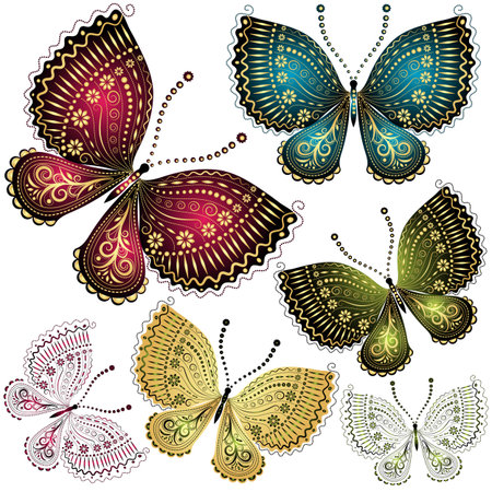 Set fantasy colorful vintage butterfly butterfliesのイラスト素材