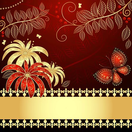 Vintage floral card with gold frame and flowers and butterflies  (vector EPS 10)のイラスト素材