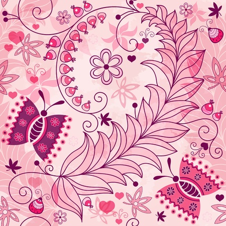 Seamless spring grunge pink spotty pattern with vintage butterflies and flowers (vector EPS 10)のイラスト素材