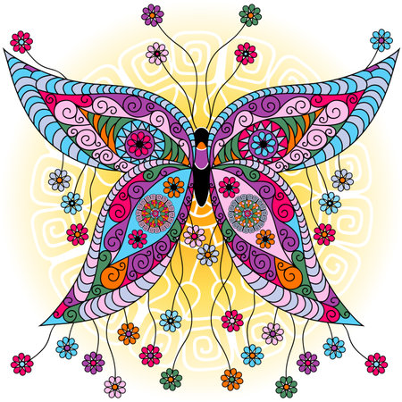Fantasy spring vintage colorful butterfly with flowers on sunny background (vector)のイラスト素材