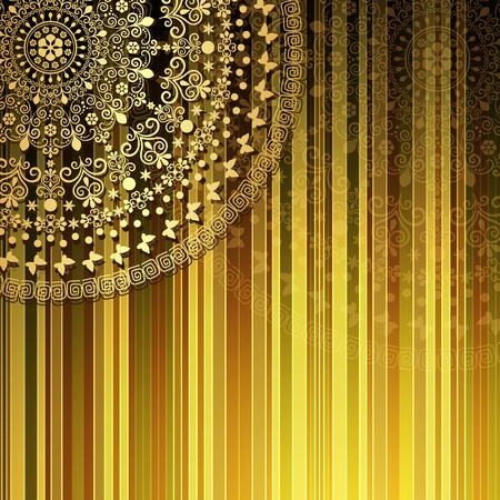 Brown-yellow striped pattern with a fragment of gold mandala のイラスト素材
