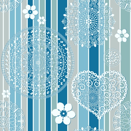 Vintage blue-gray striped seamless pattern with white lacy circles and heart and flowersのイラスト素材