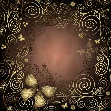Vintage frame with gold curls, lacy and translucent butterfliesのイラスト素材
