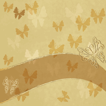 Old spotted paper with translucent butterflies and gold butterfly and distorted translucent space for text のイラスト素材
