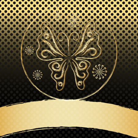Vintage frame with gold butterfly and translucent strip and polka dots のイラスト素材