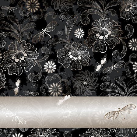 Grunge vintage frame with floral pattern and silvery translucent stripのイラスト素材