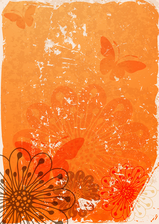 Grunge orange paper with translucent flowers and butterflies のイラスト素材