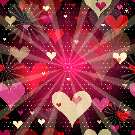 Vivid seamless valentine pattern with  translucent gold and red hearts and rays (vector EPS 10)のイラスト素材