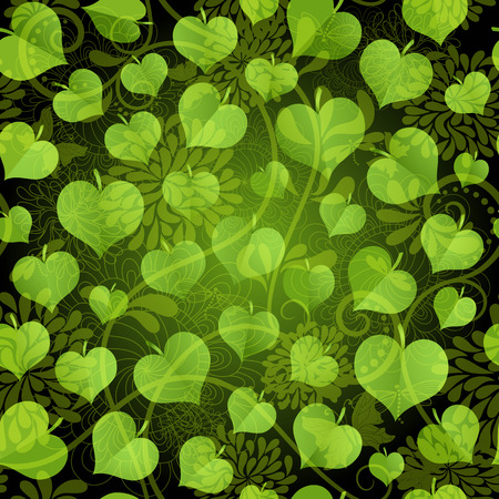 Dark seamless background with bright green leaves and vintage pattern (vector eps 10)のイラスト素材