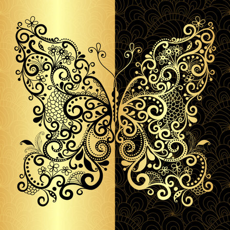 Seamless vintage pattern with fantasy lacy gold-black butterfly (vector EPS 10)のイラスト素材