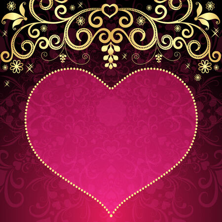 Valentine floral frame with big translucent pink heart and gold vintage pattern (vector eps 10)のイラスト素材