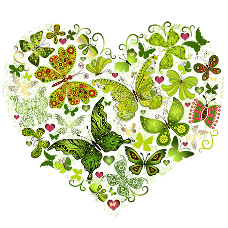 Big spring grunge heart made of green butterflies (vector)のイラスト素材