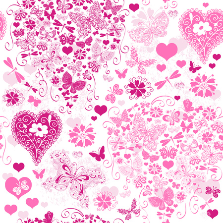 Valentine seamless floral pattern with hearts and butterflies (vector)のイラスト素材