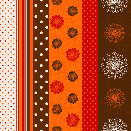 Seamless grungy striped pattern with polka dots and flowers (vector)のイラスト素材