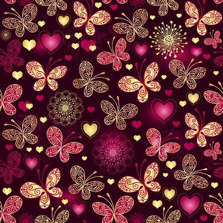Valentine seamless dark purple pattern with gold butterflies and glowing hearts  vector のイラスト素材