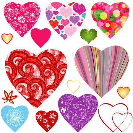 Set colorful valentine hearts with curls, balls, strips and butterflies isolated on white (vector wes 10)のイラスト素材