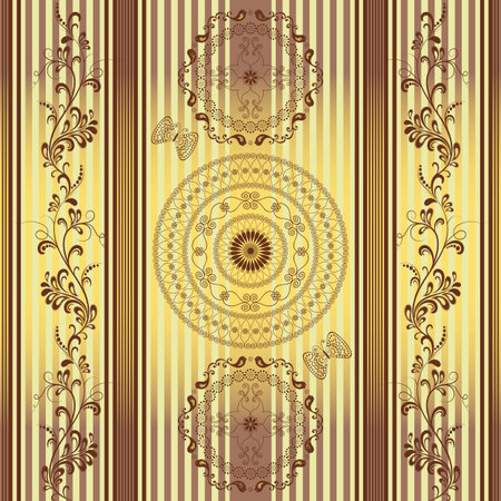 Seamless golden brown striped pattern with lacy circles and branches (vector)のイラスト素材