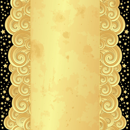 Golden frame with curly waves, old spotty paper and stars (vector eps 10)のイラスト素材