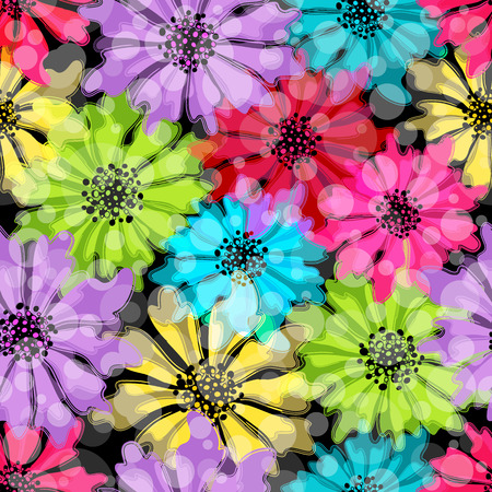Seamless floral spring pattern with translucent flowers and balls on black  のイラスト素材