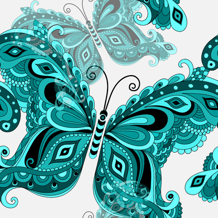 Spring seamless white pattern with turquoise vintage butterflies. のイラスト素材