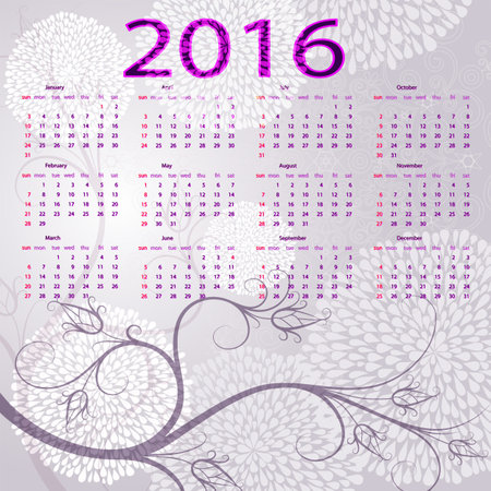 Trendy gentle violet floral frame with balls and calendar for 2016のイラスト素材