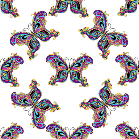Seamless white pattern with colorful vintage butterflies, vectorのイラスト素材