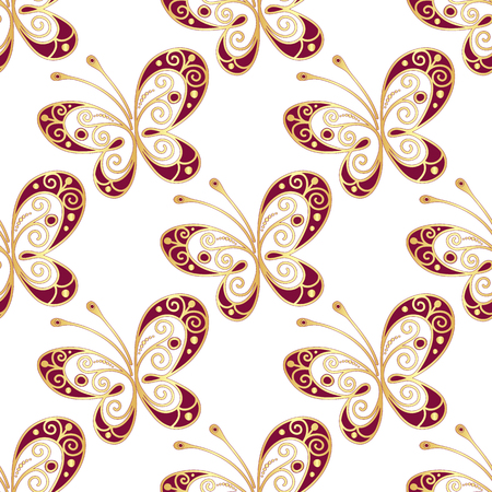 Seamless pattern with shiny gold and purple butterflies, vectorのイラスト素材